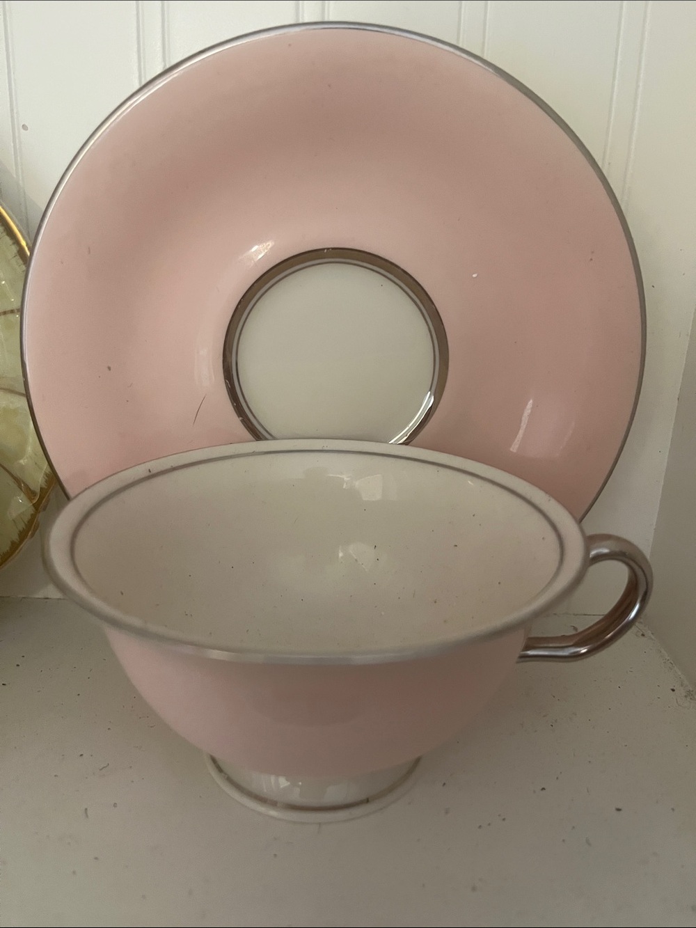 Pink Porcelain Tea Cup and Saucer with Silver Trim